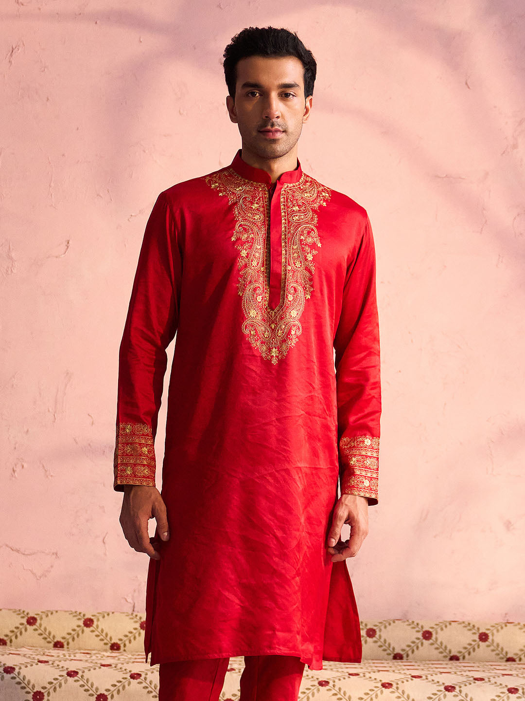 VASTRAMAY Men's Red Silk Blend Embroidered Ethnic Kurta