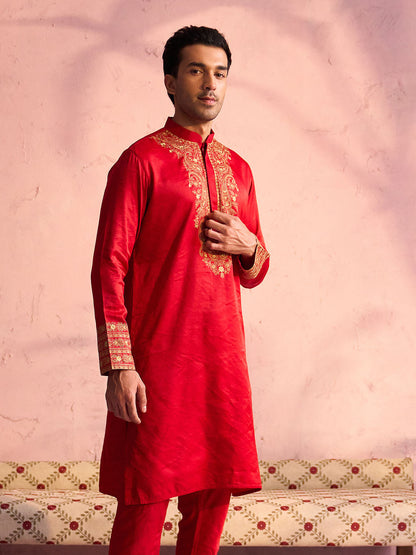 VASTRAMAY Men's Red Silk Blend Embroidered Ethnic Kurta