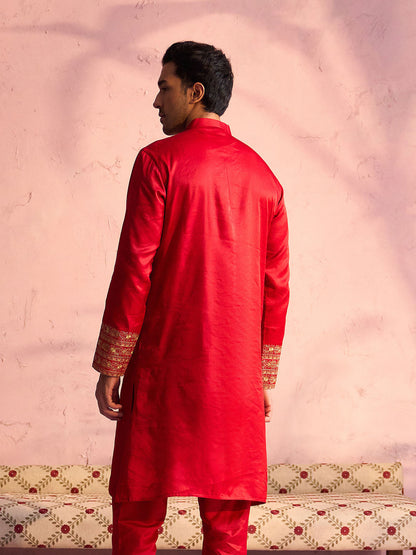 VASTRAMAY Men's Red Silk Blend Embroidered Ethnic Kurta