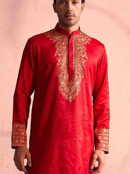 VASTRAMAY Men's Red Silk Blend Embroidered Ethnic Kurta