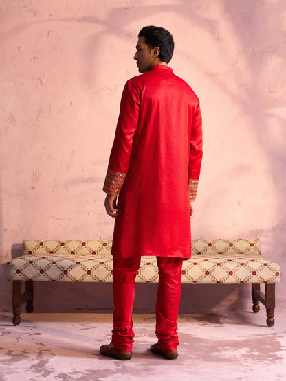 VASTRAMAY Men's Red Silk Embroidered Ethnic Kurta Pyjama Set