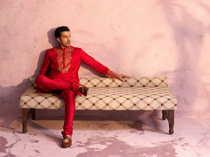 VASTRAMAY Men's Red Silk Embroidered Ethnic Kurta Pyjama Set