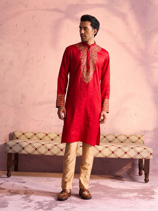 VASTRAMAY Men's Red Silk Embroidered Ethnic Kurta With Pant Set