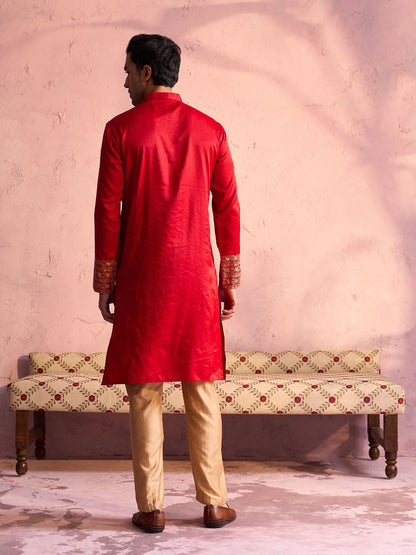 VASTRAMAY Men's Red Silk Embroidered Ethnic Kurta With Pant Set