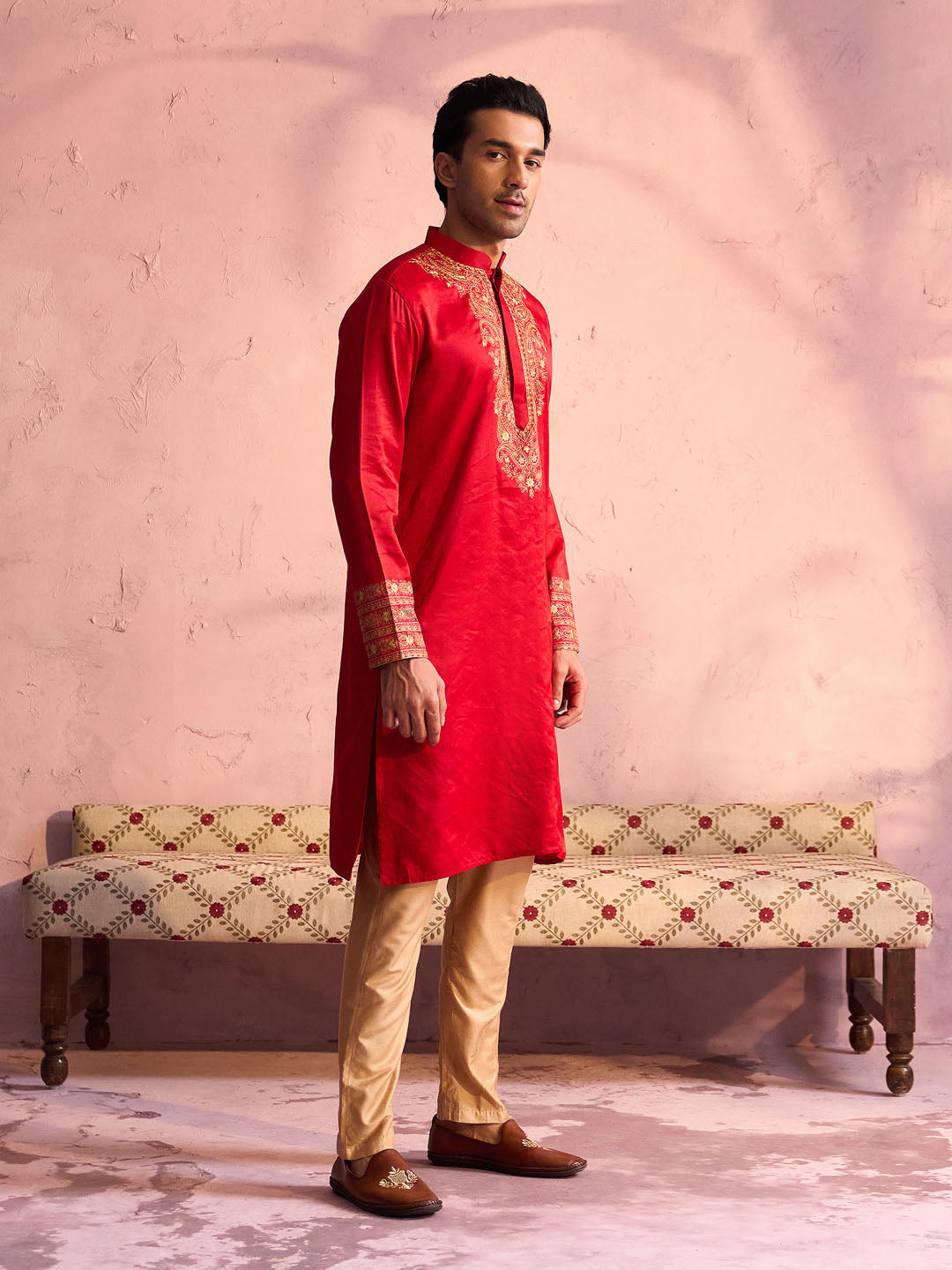 VASTRAMAY Men's Red Silk Embroidered Ethnic Kurta With Pant Set