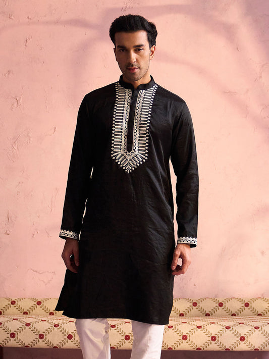 VASTRAMAY Men's Black Silk Machine Embroidered Kurta