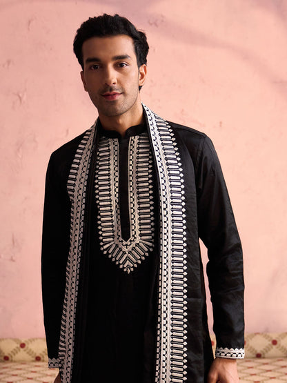 VASTRAMAY Men's Black Silk Machine Embroidered Kurta Pyjama With Silk Dupatta Set