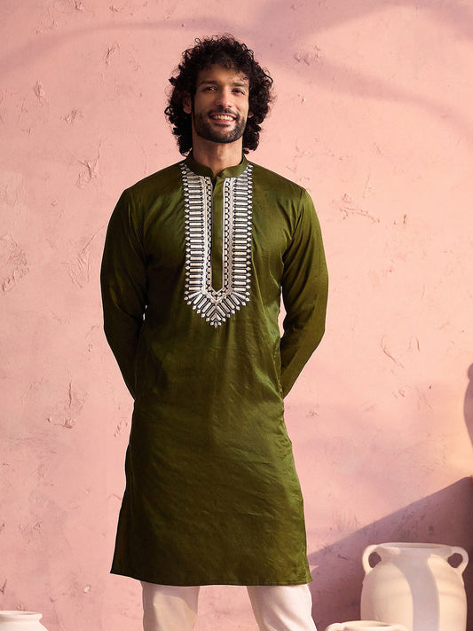 VASTRAMAY Men's Mint Green Silk Machine Embroidered Kurta