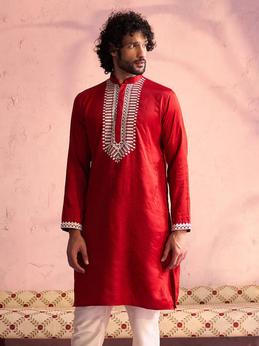 VASTRAMAY Men's Red Silk Machine Embroidered Kurta