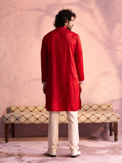 VASTRAMAY Men's Red Silk Blend Machine Embroidered Kurta Pyjama With Silk Dupatta Set