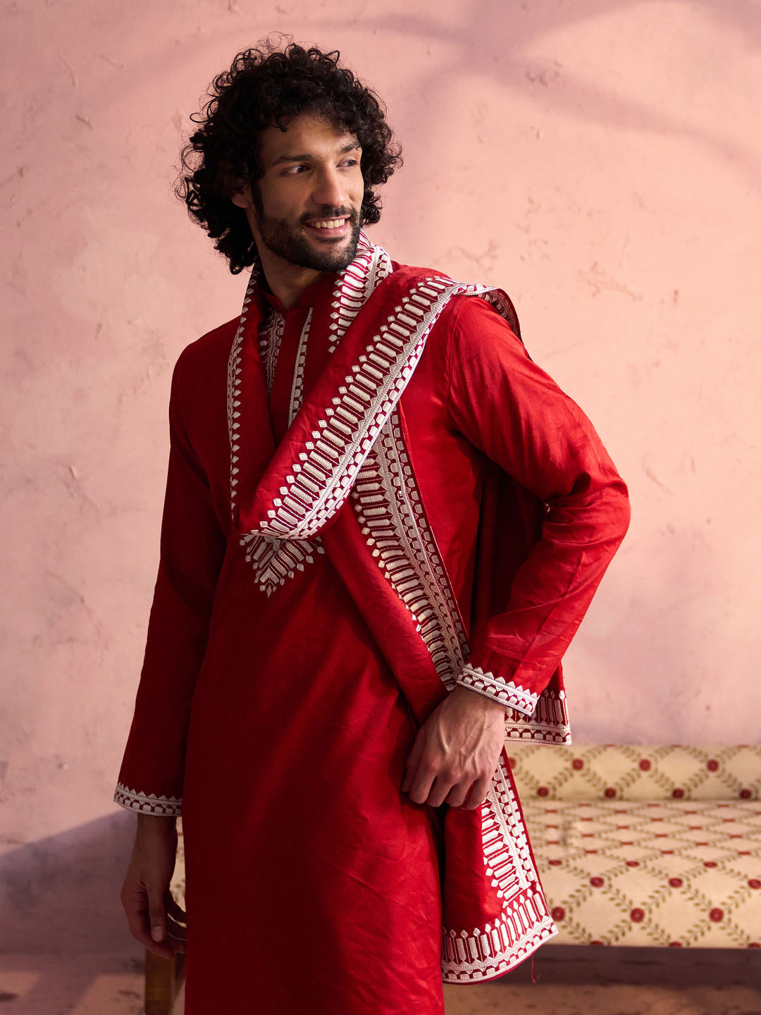 VASTRAMAY Men's Red Silk Blend Machine Embroidered Kurta Pyjama With Silk Dupatta Set