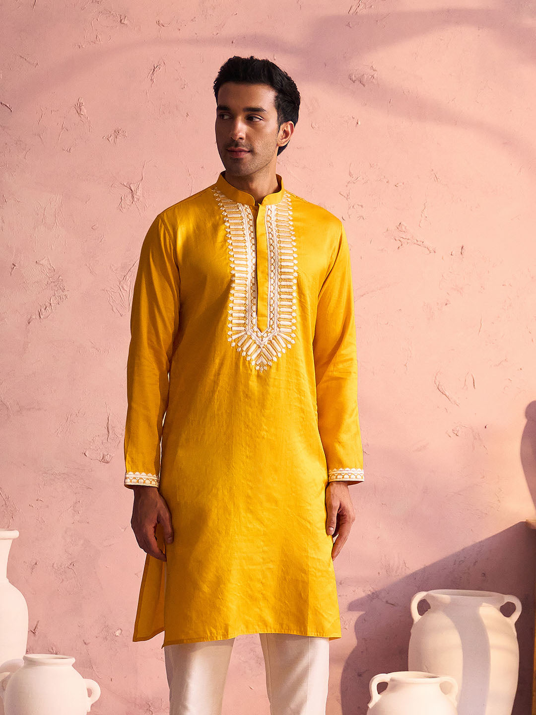 VASTRAMAY Men's Yellow Silk Machine Embroidered Kurta