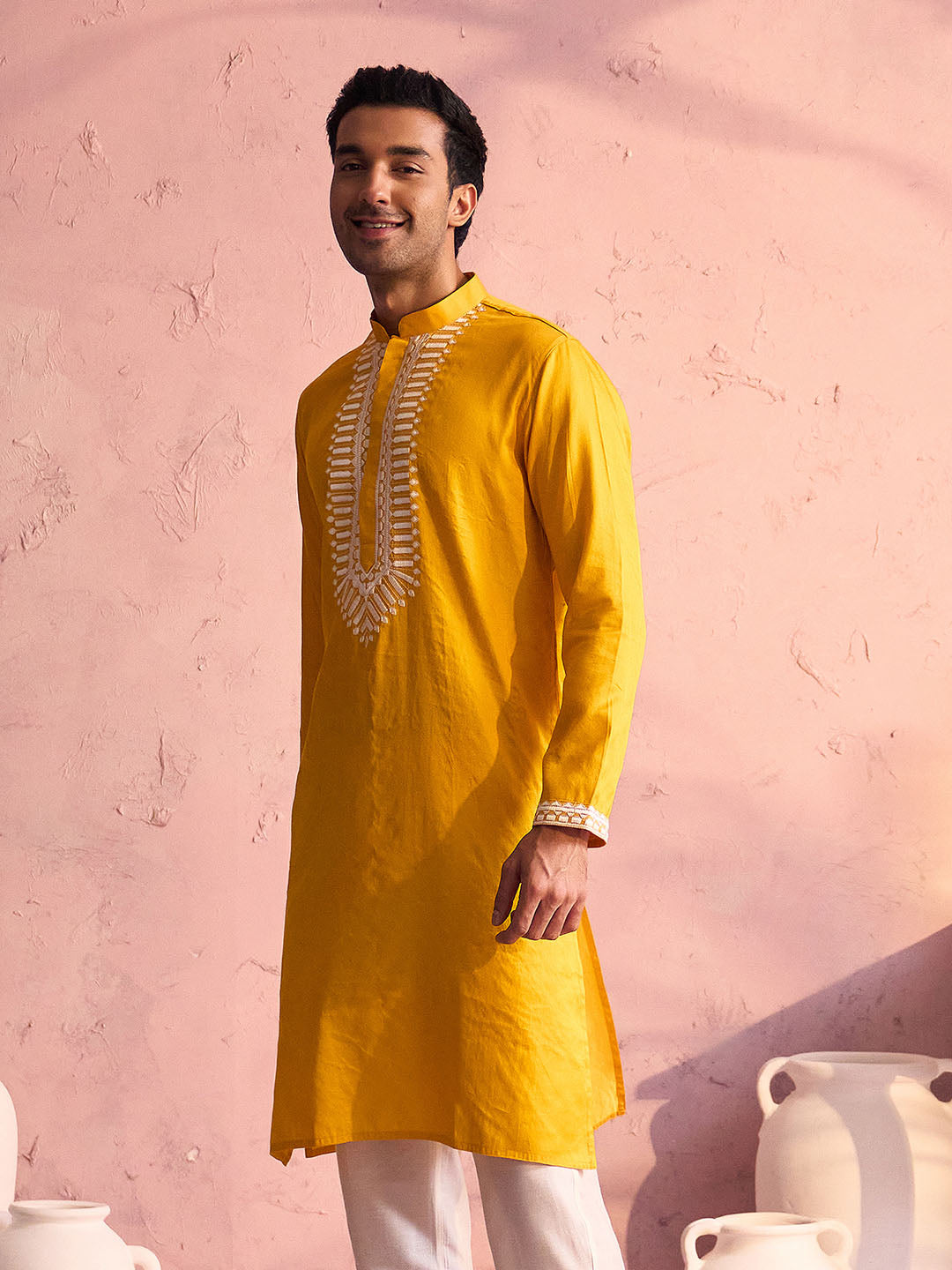 VASTRAMAY Men's Yellow Silk Machine Embroidered Kurta