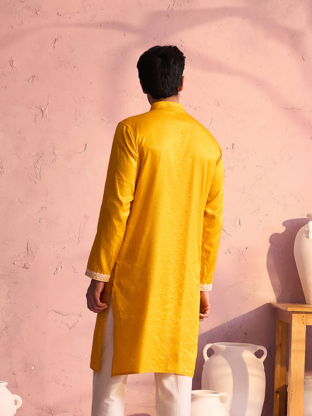 VASTRAMAY Men's Yellow Silk Machine Embroidered Kurta