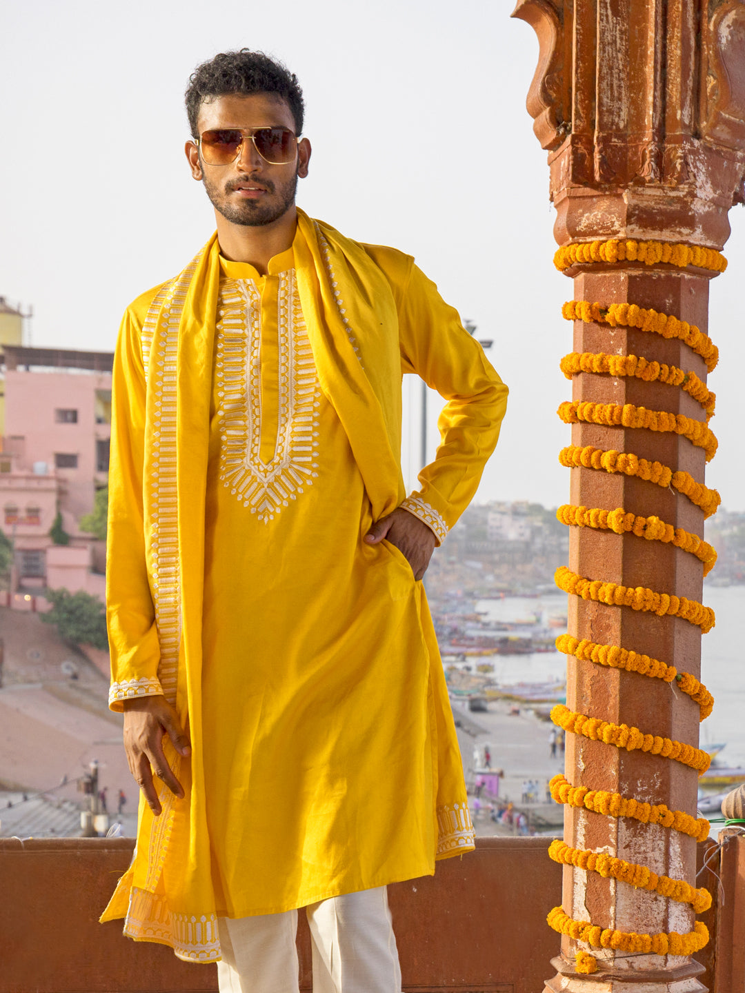 VASTRAMAY Men's Yellow Silk Machine Embroidered Kurta