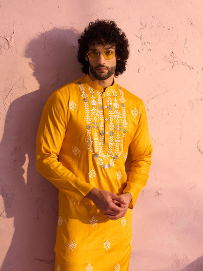 VASTRAMAY Men's Yellow Embroidered Silk Kurta Pyjama Set