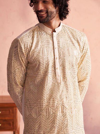 VASTRAMAY Men's Cream Georgette Embellished Kurta