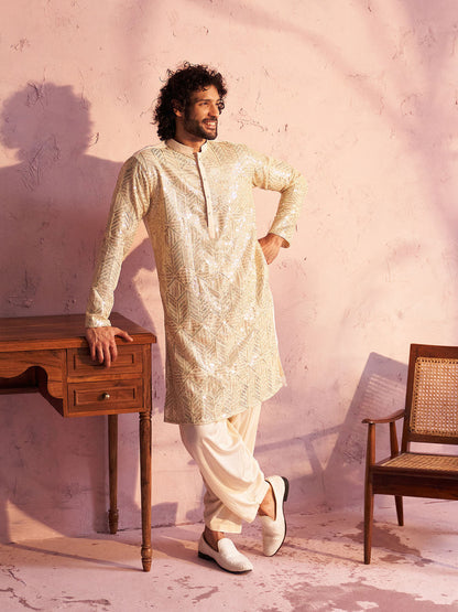 VASTRAMAY Men's Cream Georgette Embellished Kurta