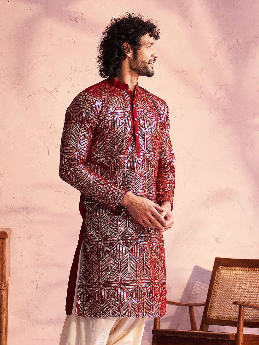 VASTRAMAY Men's Maroon Georgette Embellished Kurta