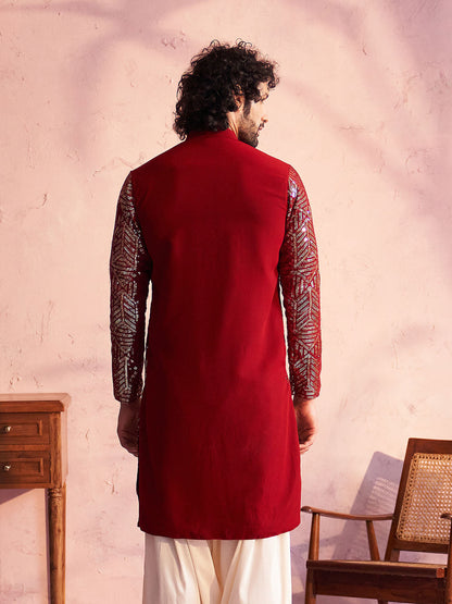 VASTRAMAY Men's Maroon Georgette Embellished Kurta