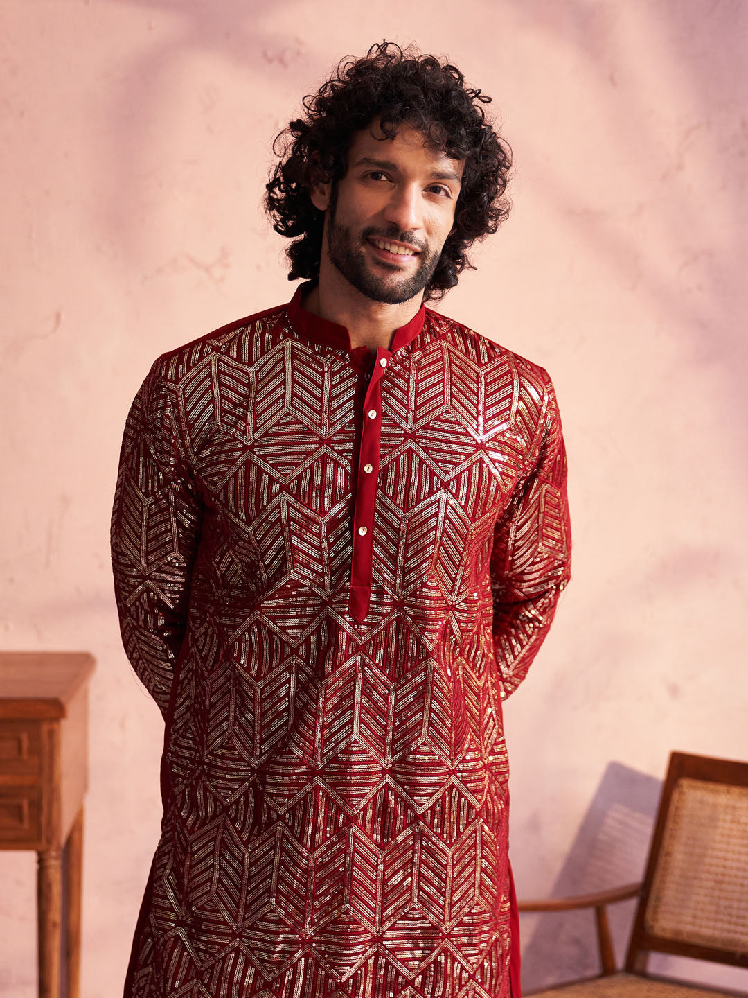 VASTRAMAY Men's Maroon Georgette Embellished Kurta