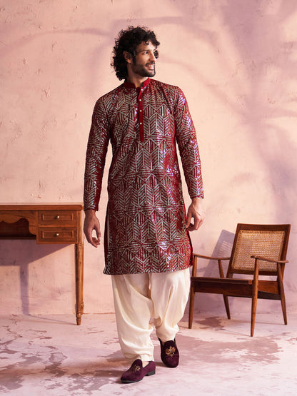 VASTRAMAY Men's Maroon Georgette Embellished Kurta