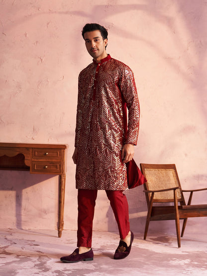 VASTRAMAY Men's Maroon Georgette Embellished Kurta Pant Set