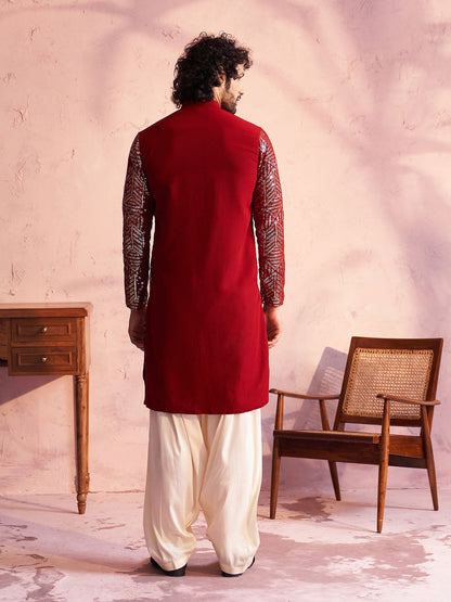 VASTRAMAY Men's Maroon Georgette Embellished Kurta Patiala Set