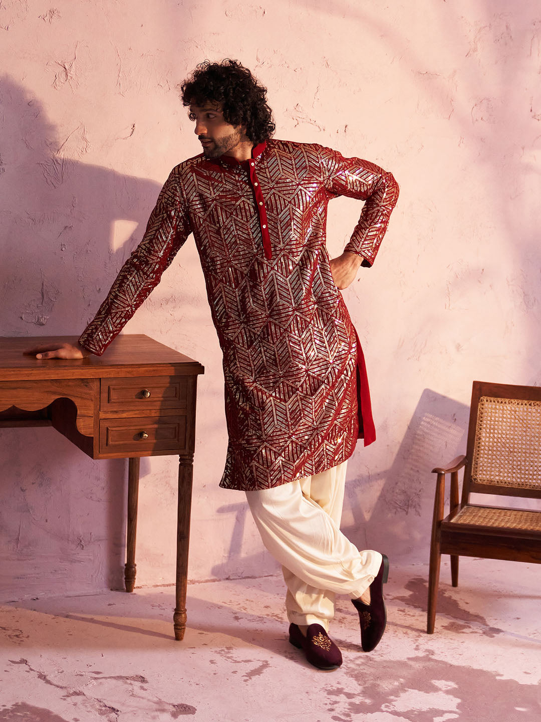 VASTRAMAY Men's Maroon Georgette Embellished Kurta Patiala Set