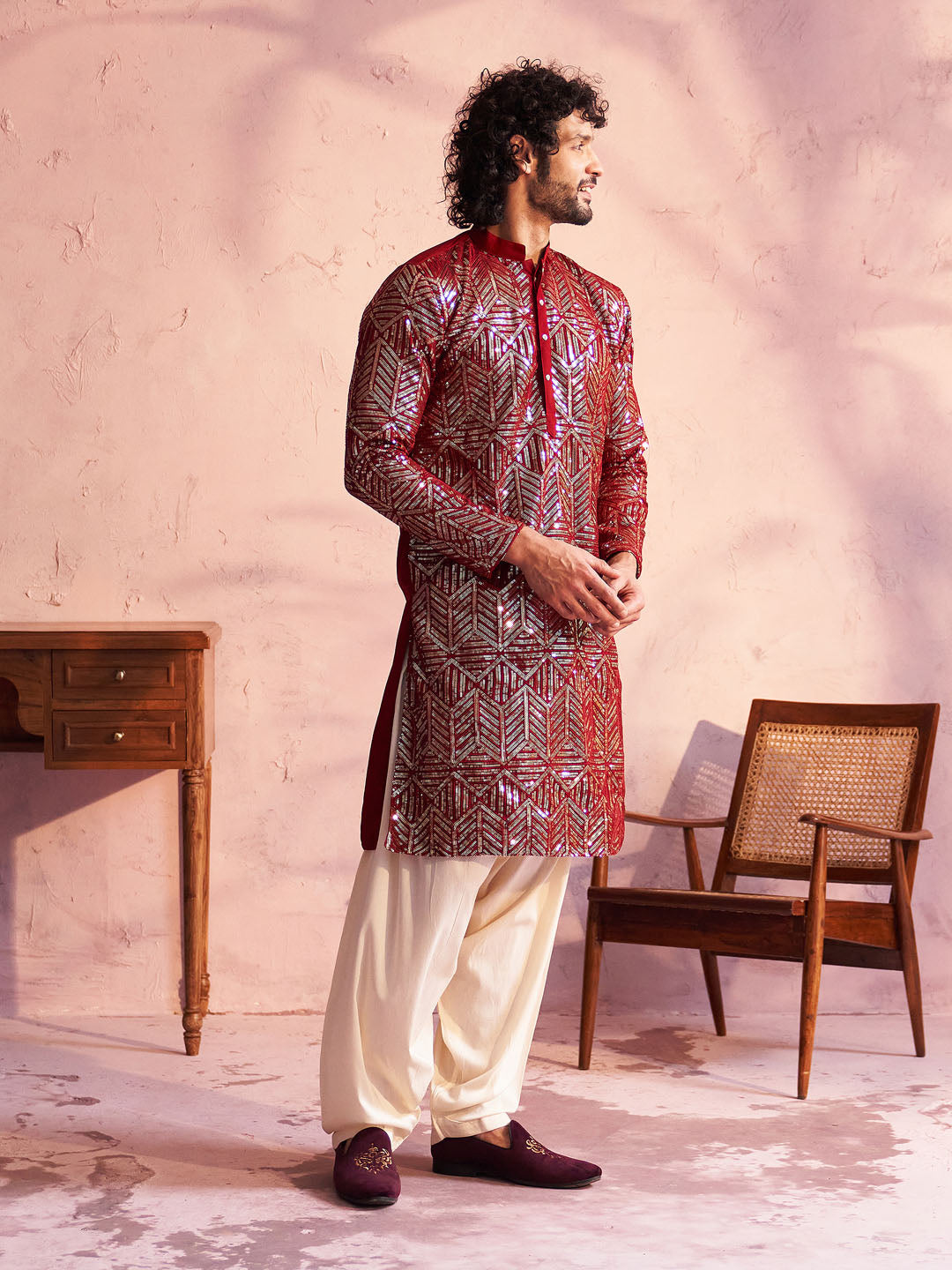 VASTRAMAY Men's Maroon Georgette Embellished Kurta Patiala Set