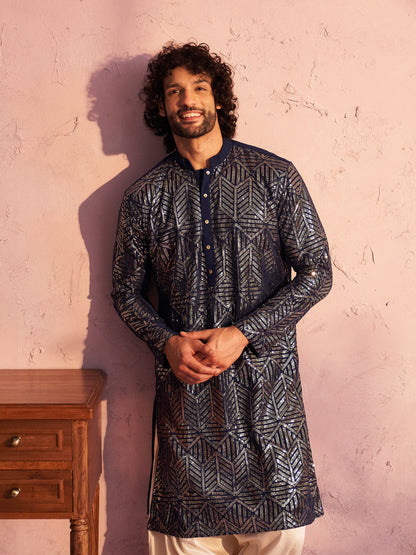 VASTRAMAY Men's Navy Blue Georgette Embellished Kurta