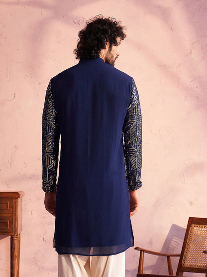 VASTRAMAY Men's Navy Blue Georgette Embellished Kurta