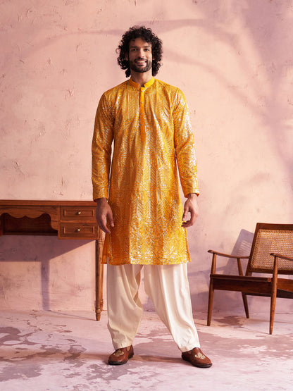 VASTRAMAY Men's Yellow Georgette Embellished Kurta