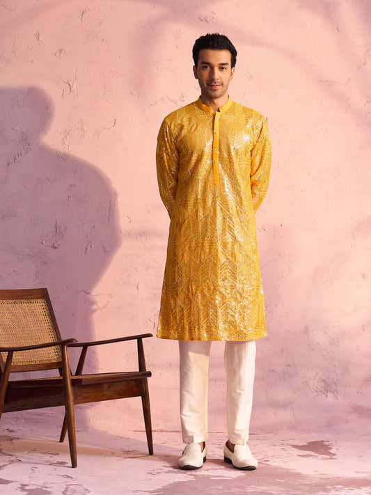 VASTRAMAY Men's Yellow Georgette Embellished Kurta Pant Set