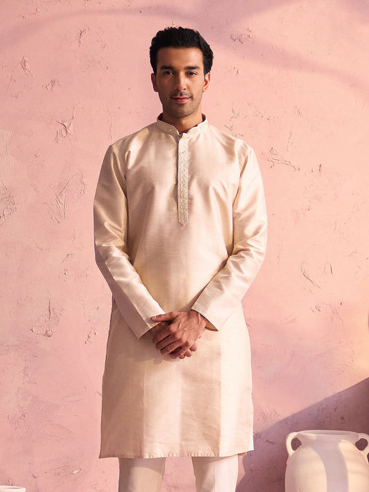 VASTRAMAY Men's Beige Silk Blend Kurta