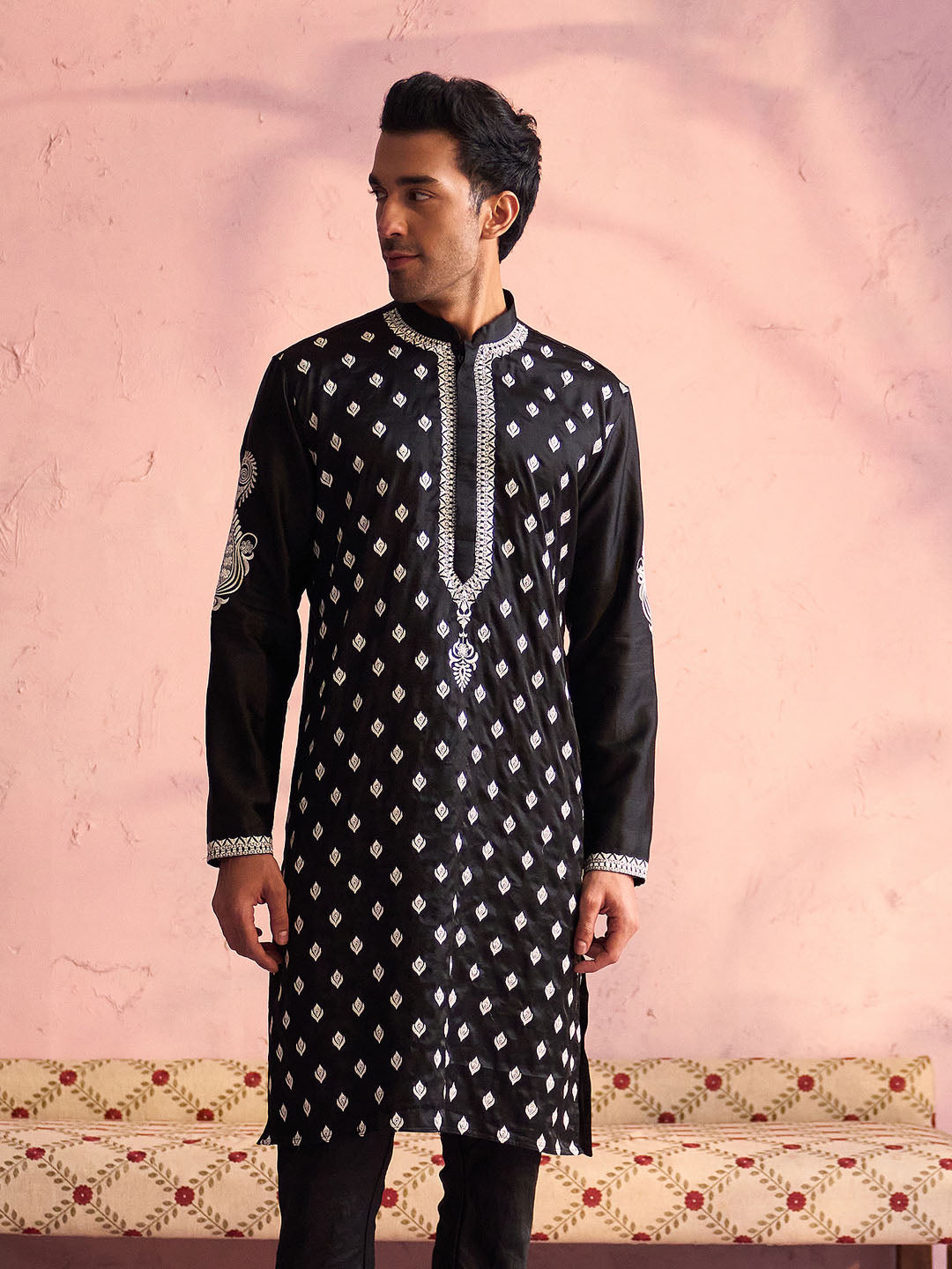 VASTRAMAY Men's Black Silk Blend Embroidered Ethnic Kurta