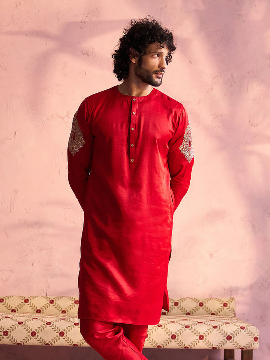 VASTRAMAY Men's Red Silk Blend Embroidered Kurta