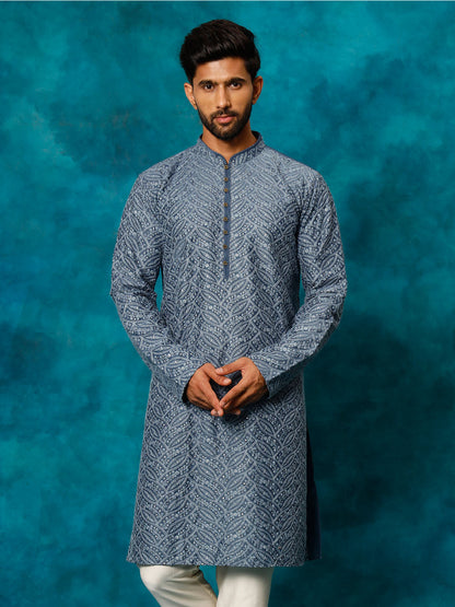 Vastramay Men's Grey Cotton Schiflli Kurta