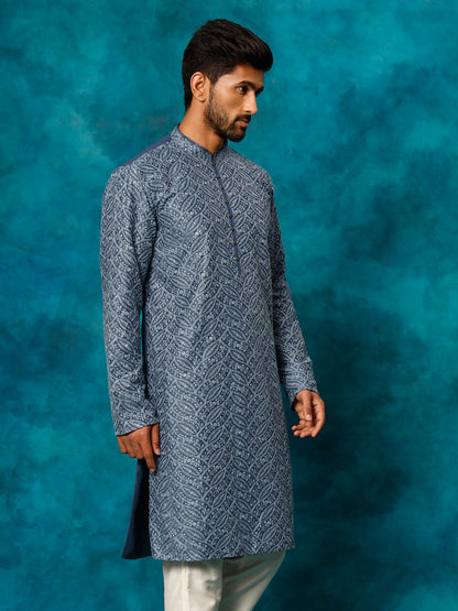 VASTRAMAY Men's Grey Cotton Schiflli Kurta