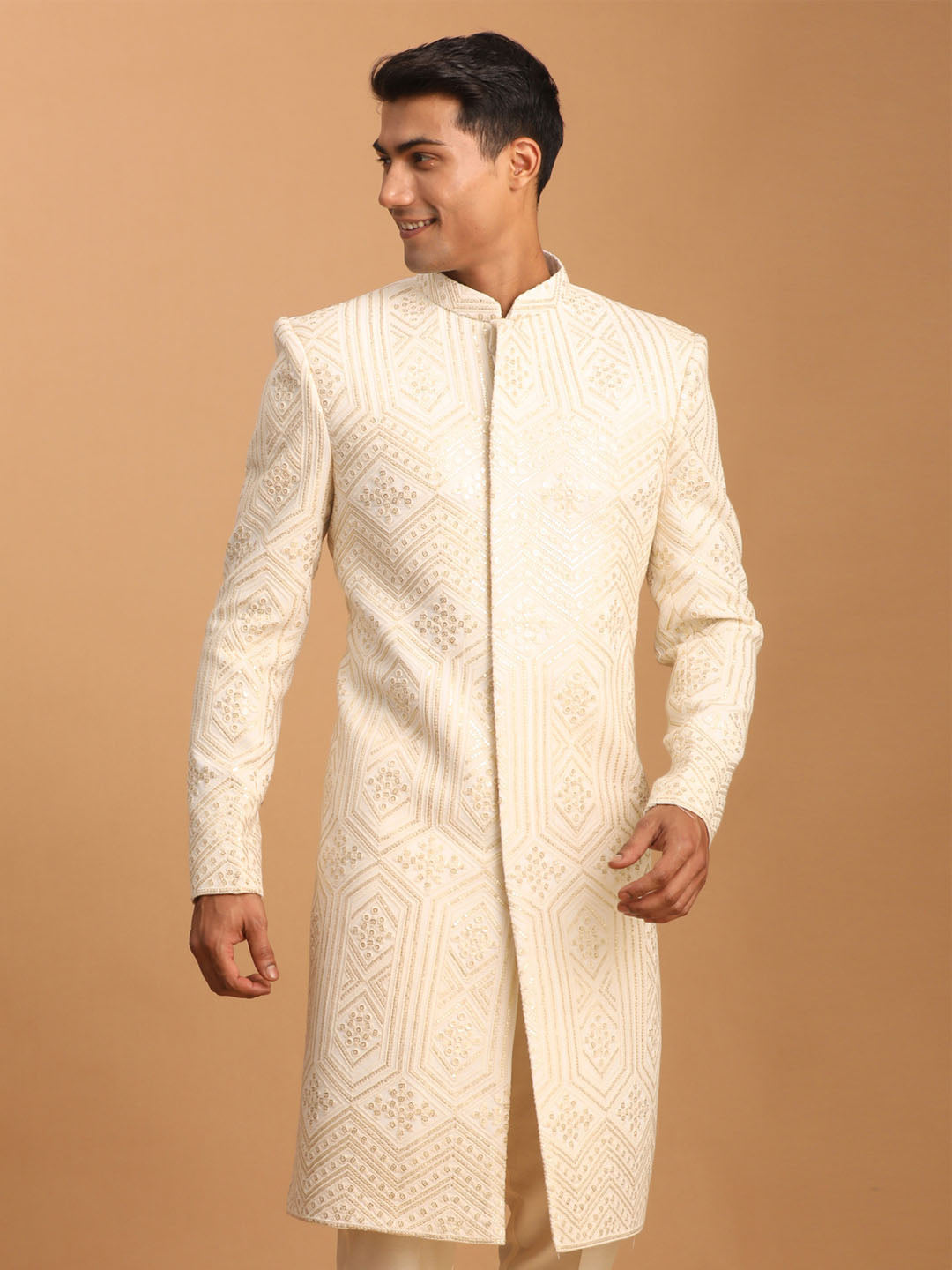 VASTRAMAY Men's Cream Golden Sequins Embroidered Sherwani Only Top