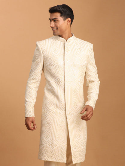 VASTRAMAY Men's Cream Golden Sequins Embroidered Sherwani Only Top