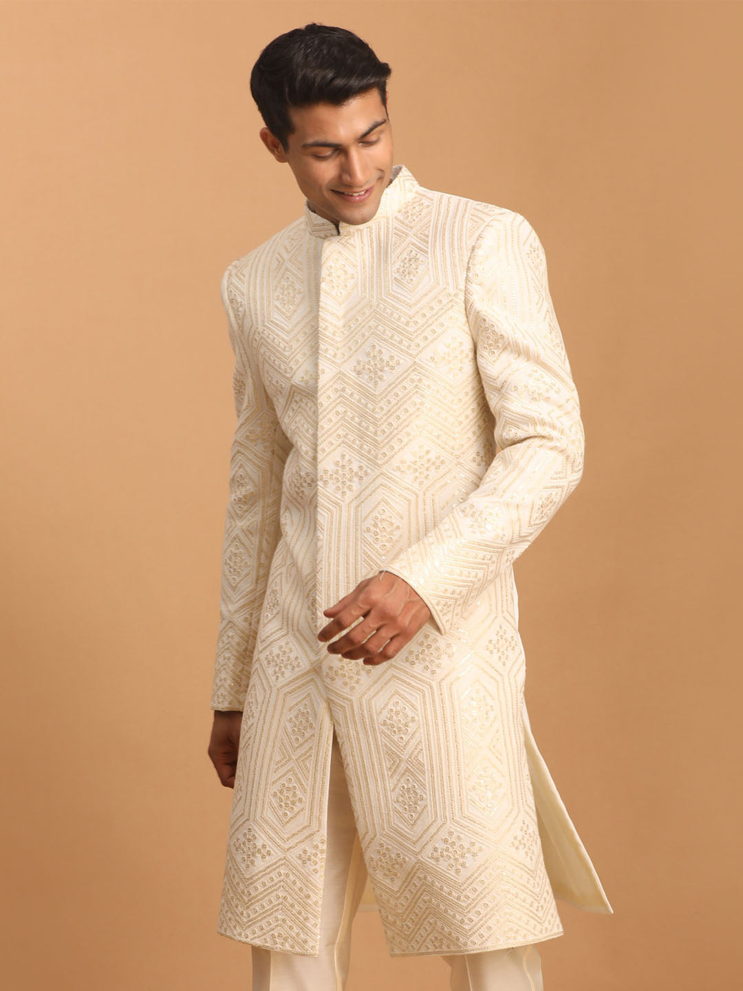 VASTRAMAY Men's Cream Golden Sequins Embroidered Sherwani Only Top