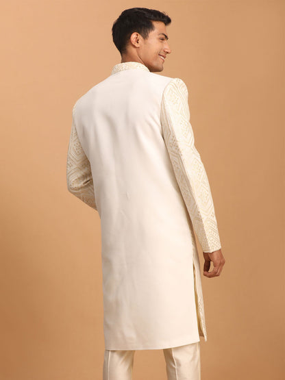 VASTRAMAY Men's Cream Golden Sequins Embroidered Sherwani Only Top
