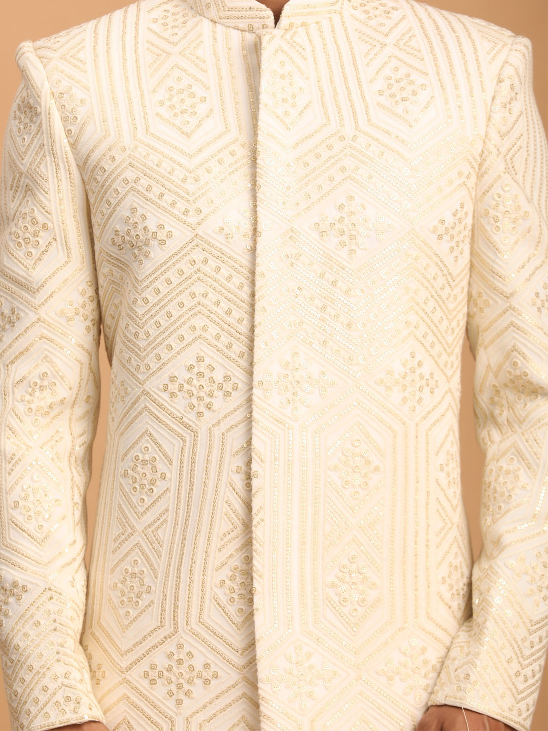VASTRAMAY Men's Cream Golden Sequins Embroidered Sherwani Only Top