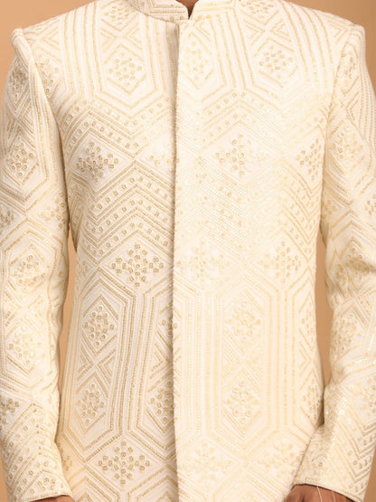 VASTRAMAY Men's Cream Golden Sequins Embroidered Sherwani Only Top