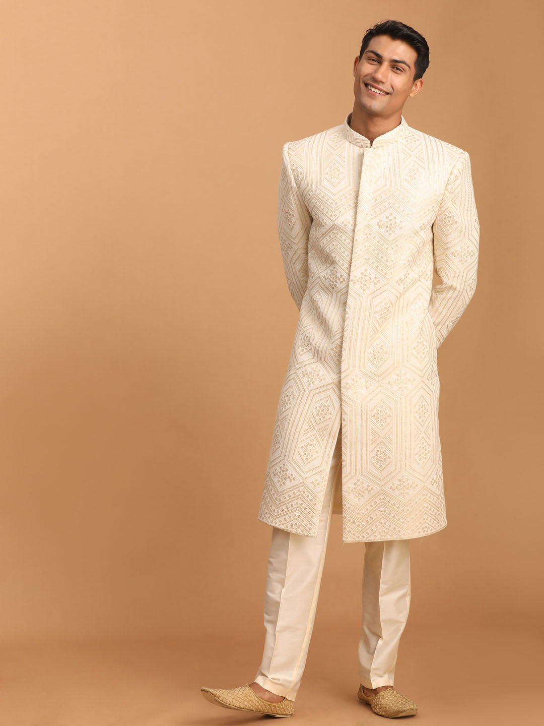 VASTRAMAY Men's Cream Golden Sequins Embroidered Sherwani Set