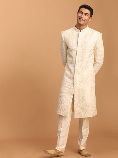 VASTRAMAY Men's Cream Golden Sequins Embroidered Sherwani Set