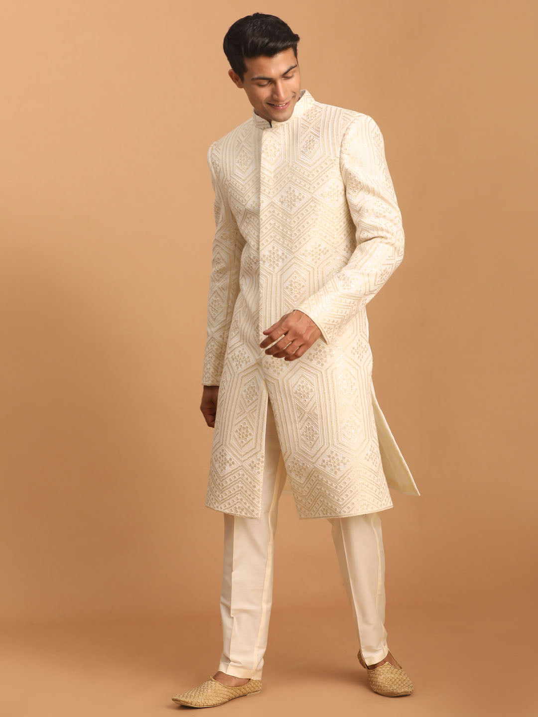 VASTRAMAY Men's Cream Golden Sequins Embroidered Sherwani Set