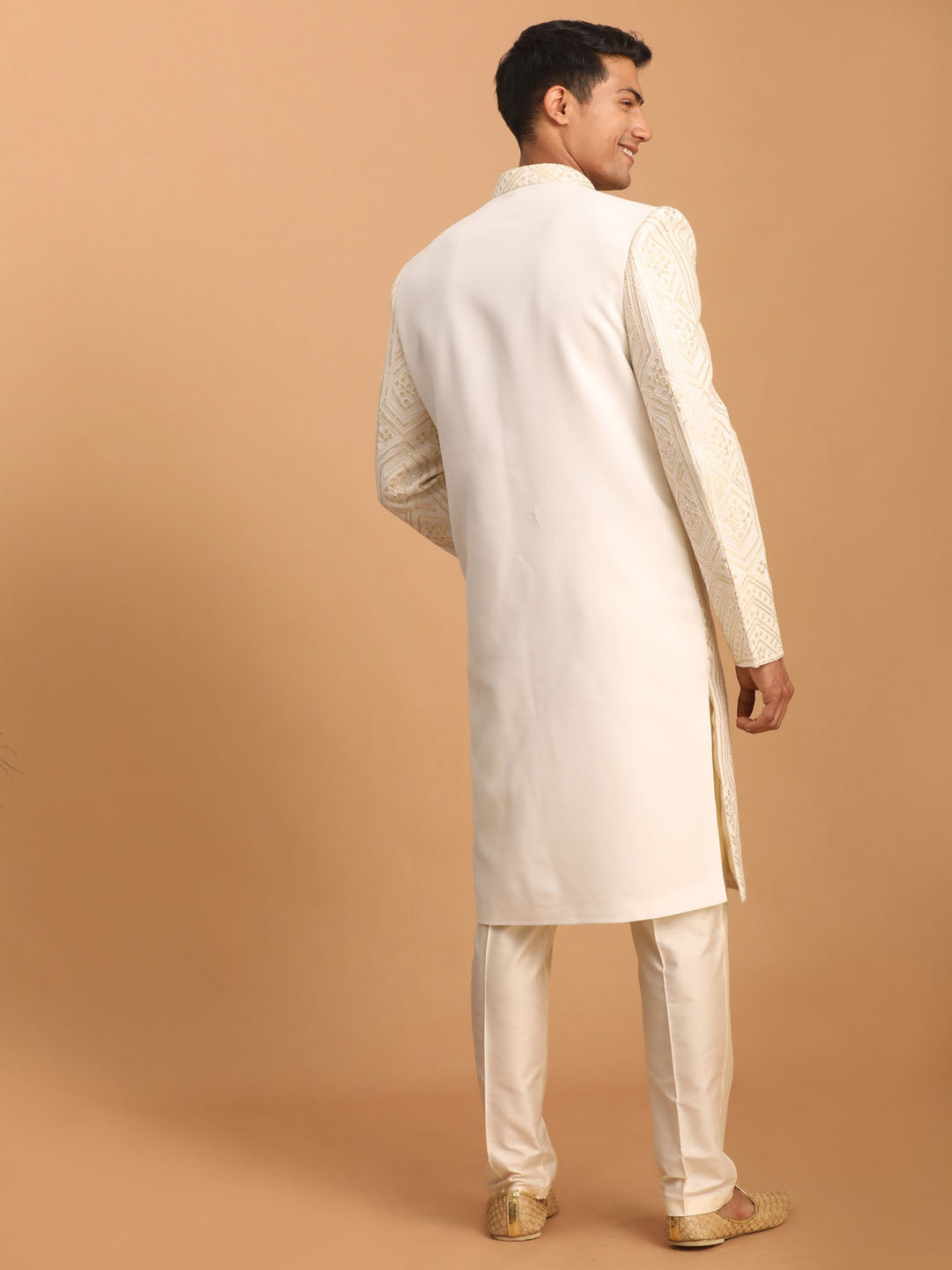 VASTRAMAY Men's Cream Golden Sequins Embroidered Sherwani Set