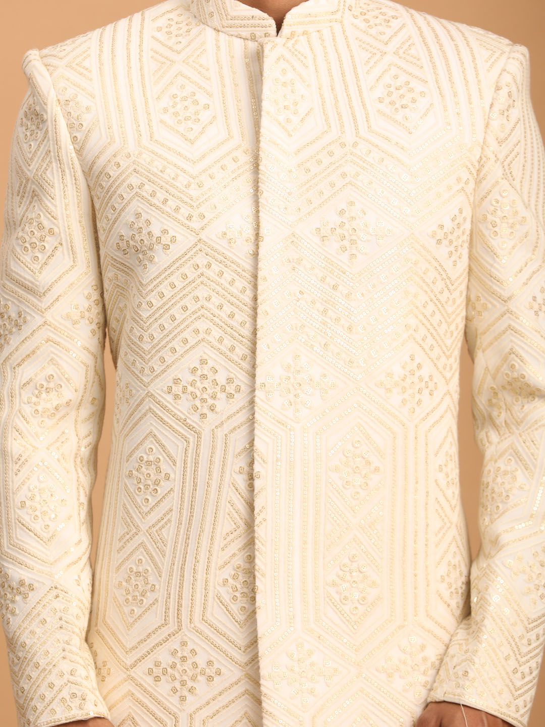 VASTRAMAY Men's Cream Golden Sequins Embroidered Sherwani Set